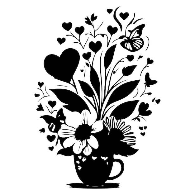 Valentine pot fleur amour avec papillon illustration croquis dessin à la main
