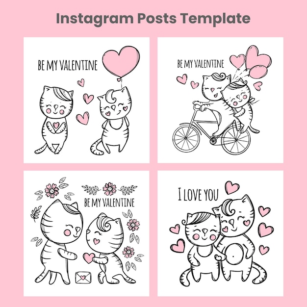Valentine Social Media Cat Template Cartoon Vector Set