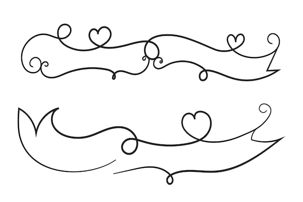 Vecteur valentines jour des cœurs bouclés style calligraphie contour ruban dessin à la main cœur rouleau ruban