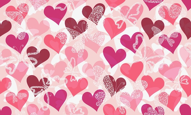 Vecteur des valentines sans couture vectorielles avec des cœurs roses et des papillons à points blancs dans le style de griffon.