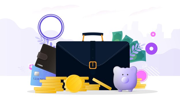 Valise d'affaires, portefeuille marron avec cartes de crédit et pièces d'or. Valise homme avec cartes bancaires. Le concept d'épargne et d'accumulation d'argent.
