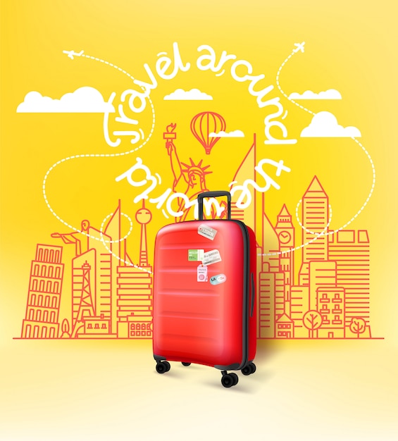 Valise en plastique rouge avec paysage urbain abstrait avec des visites célèbres. Voyager