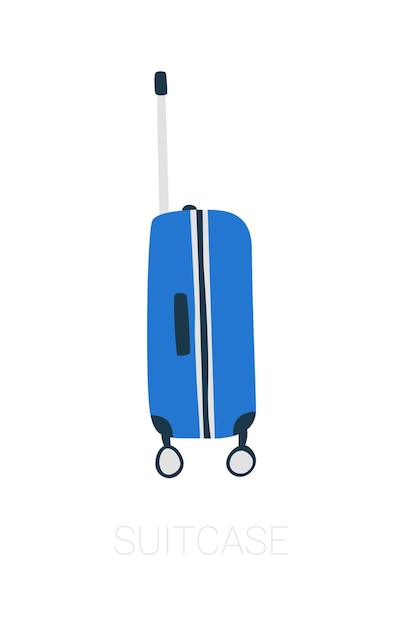 Vecteur valise roulante détaillée bleue à roulettes à bord des bagages de cabine trolley case sac de vol sur roulettes pour voyage d'affaires vacances d'été voyage vue latérale