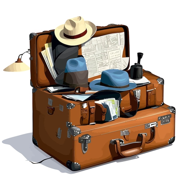 Vecteur valise de voyageurs fedora hat photocamera map illustration