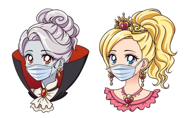 Vampire Kawaii Et Princesse Portant Un Masque Médical Isolé Sur Blanc