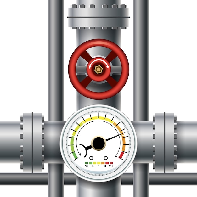 Vecteur vanne de conduite de gaz, compteur de pression. manomètre de transit et industriel, contrôle et mesure.