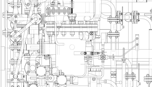 Vannes et autres équipements industriels. Rendu vectoriel de la 3d. Style fil de fer. Les couches de lignes visibles et invisibles sont séparées. Orthographe