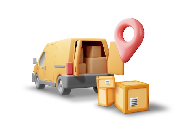 Vans de livraison 3D et boîtes en carton