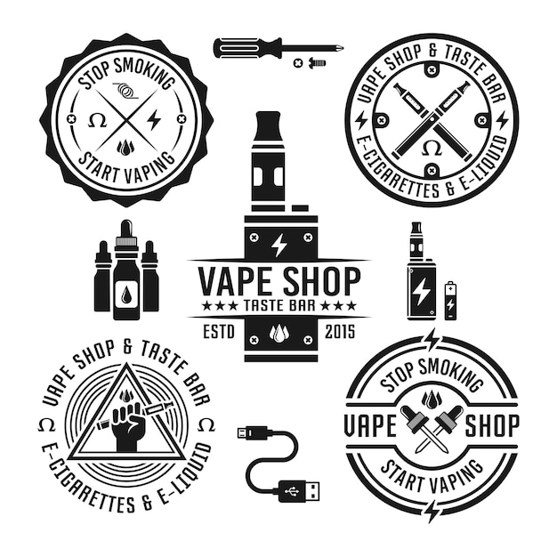 Vape Shop Et E-cigarette Ensemble D'étiquettes Monochromes Et éléments De Conception Isolés Sur Fond Blanc