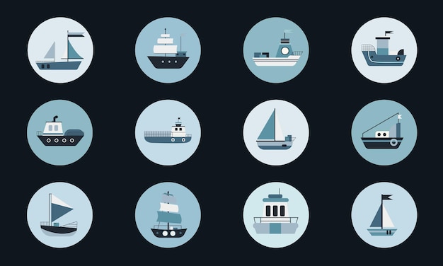 Variété d'autocollants de navires stylisés en design plat