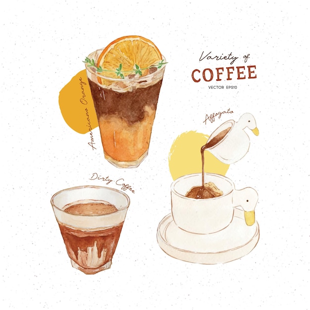 Variété De Café Amerucano Orange Café Sale Et Style Aquarelle Affogato