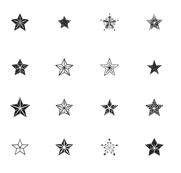 Une variété gratuite d'illustrations d'étoiles en noir et blanc sur un fond propre