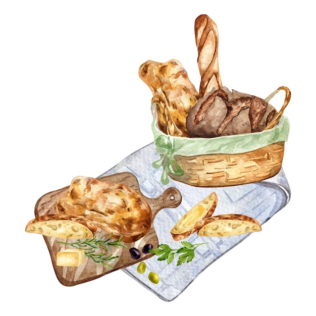 Vecteur variété de pain dans un panier de paille illustration à l'aquarelle isolée sur fond blanc