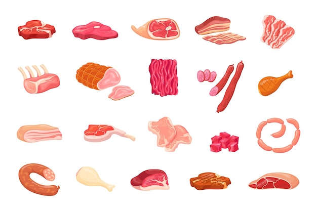 Variété De Viande De Dessin Animé Charcuterie De Porc Et De Boeuf Pour La Cuisson Des Aliments Gastronomiques Lomo Saucisse Clipart Jambon Poulet Pepperoni Wurst Frais Steak Cru Barbecue Tranche De Bacon Ensemble Illustration Vectorielle