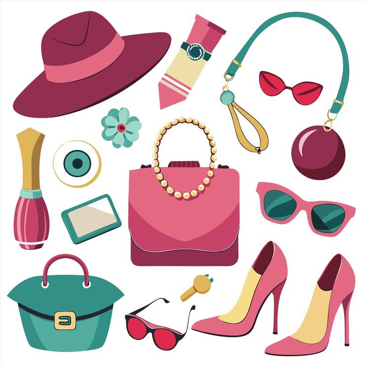 Vecteur a variety of women  s accessories including a pink handbag sunglasses and a purse