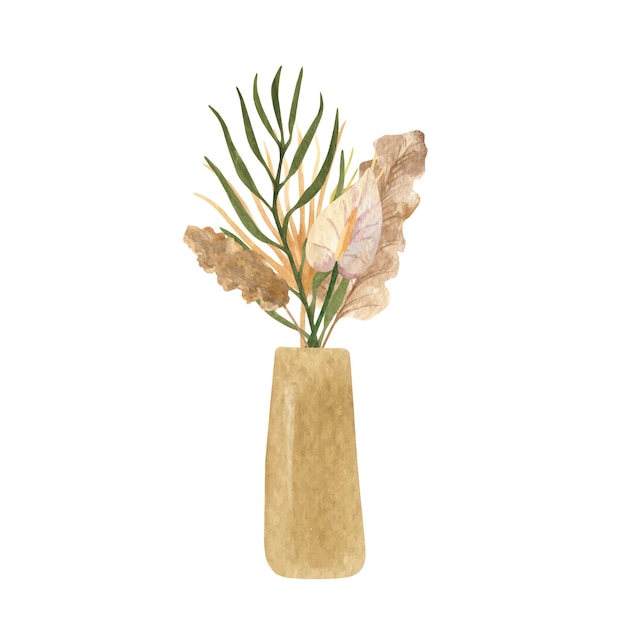 Vase Bohème En Argile Avec Bouquet Séché. Pot De Décoration D'intérieur. Clipart Aquarelle Dessinés à La Main. Couleur Terreuse