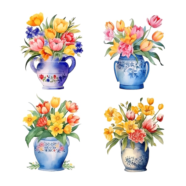 Vase avec collection de peinture aquarelle de fleurs