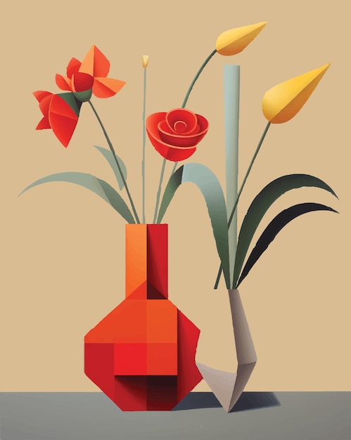 un vase avec des fleurs style de cubisme interaction entre les formes géométriques et les formes organiques