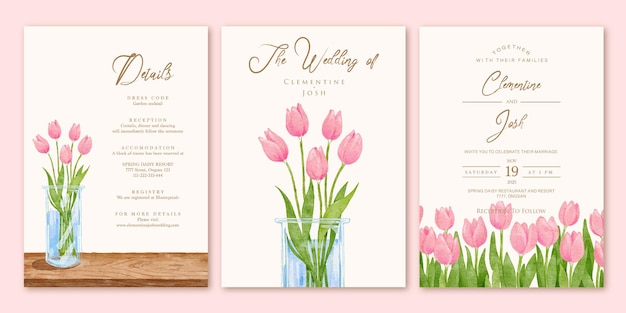 Vecteur vase de fleurs de tulipes roses aquarelle ensemble modèle d'invitation de mariage