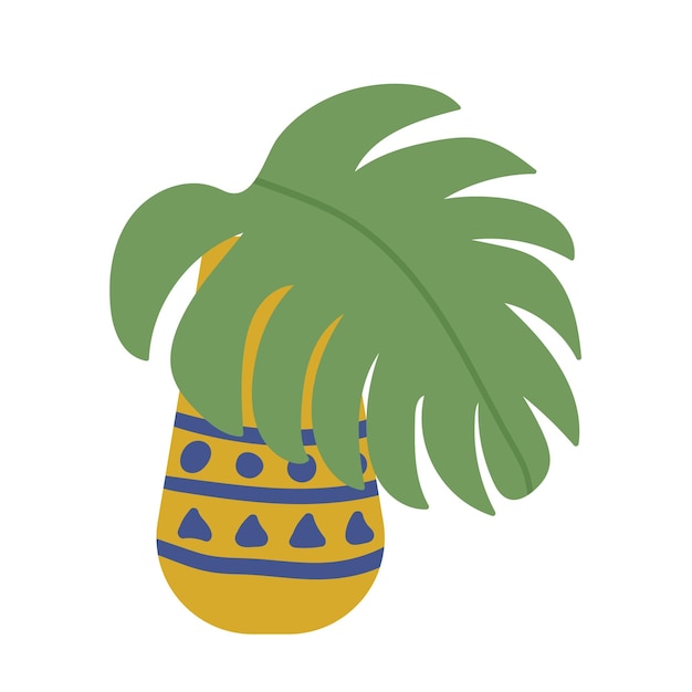 Vase d'ornement de vecteur avec feuille de monstera Feuille de monstera de vecteur dessiné à la main Vase intérieur jaune et bleu