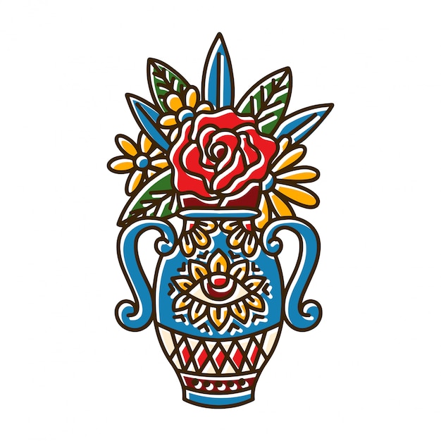 Vecteur vase avec symboles des yeux et rose
