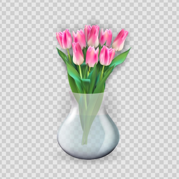 Vase Transparent En Verre 3d Réaliste Avec Fleur De Tulipes. élément De Design Pour Affiche, Carte De Voeux.