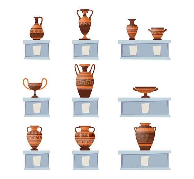 Vases Grecs Avec Ornements Sur Supports Ensemble D'illustrations Vectorielles