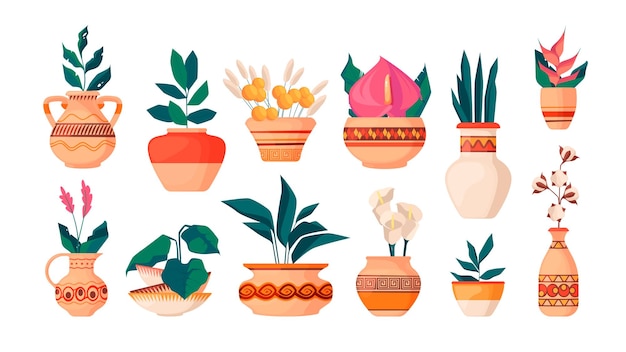 Vecteur vases scandinaves avec des plantes groupe de poterie en céramique avec bouquet de fleurs pots en argile de dessin animé minimal avec plantes d'intérieur en fleurs botaniques