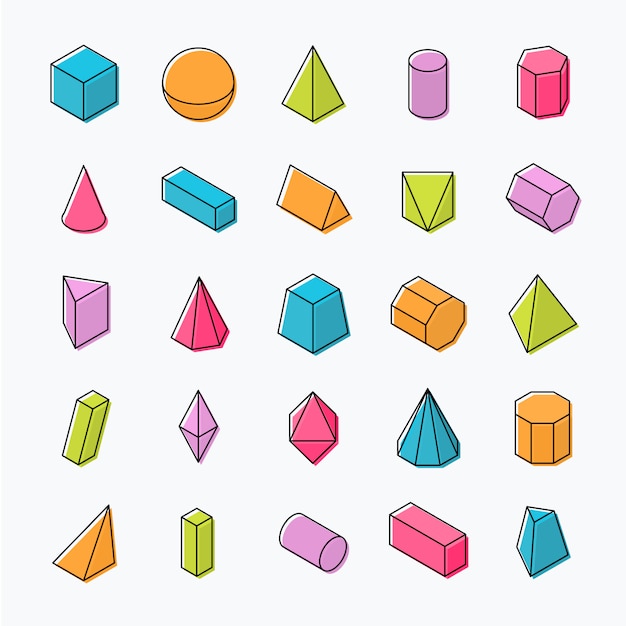 Vecteur vaste ensemble de formes géométriques 3d avec des vues isométriques.