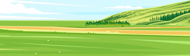 Vecteur une vaste prairie verte avec une route au milieu et des collines vertes en arrière-plan