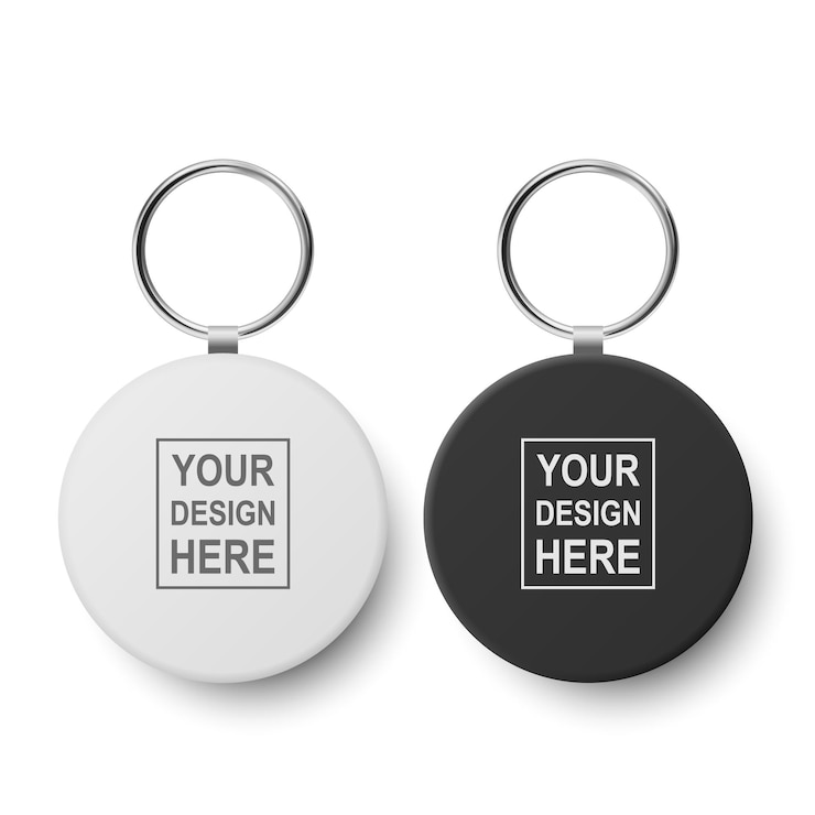 Vecteur vecteur 3d réaliste blanc noir porte-clés rond blanc avec anneau et chaîne pour clé isolé sur blanc bouton badge avec anneau ensemble plastique métal id badge avec chaînes porte-clés modèle de conception maquette