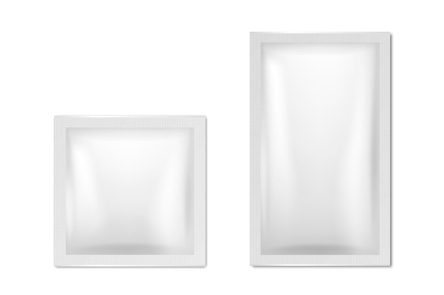 Vecteur vecteur 3d réaliste blanc vide emballage icône ensemble gros plan isolé café thé sel sucre épices lingettes humides emballage sachet modèle de conception d'emballage pour maquette vue de dessus
