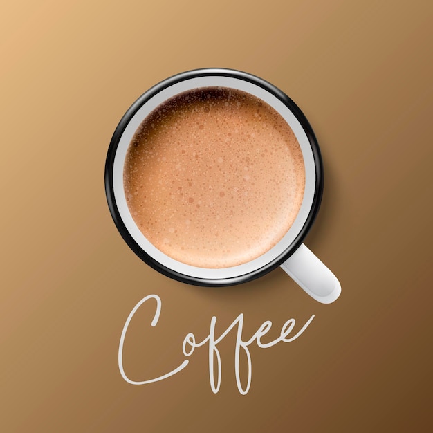 Vecteur 3d réaliste en céramique blanc métal émail rétro tasse à café tasse gros plan sur fond marron mousse de lait café latte capuccino modèle de conception vue de dessus