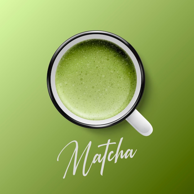 Vecteur 3d réaliste en céramique blanc métal émail tasse à café tasse gros plan isolé sur fond vert mousse de lait vert Matcha modèle de conception vue de dessus