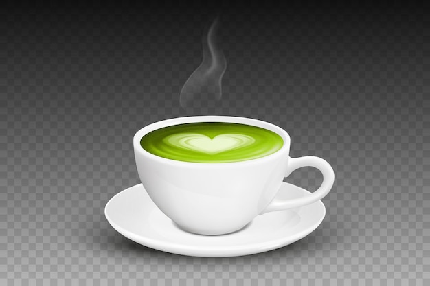 Vecteur 3d Réaliste Céramique Blanc Tasse À Café Tasse Soucoupe Et Vapeur Fumée Gros Plan Isolé Sur Fond Transparent Vert Lait Matcha Mousse Coeur Fleur Modèle Conception Modèle Vue De Face