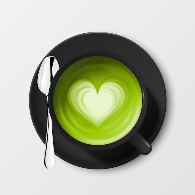 Vecteur 3d Réaliste Céramique Noir Porcelaine Céramique Tasse À Café Tasse Soucoupe Et Cuillère À Café Isolé Sur Fond Blanc Mousse De Lait Vert Matcha Modèle De Conception Modèle Vue De Dessus