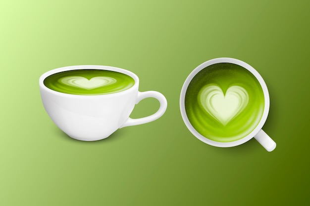 Vecteur 3d Réaliste Céramique Porcelaine Blanc Tasse À Café Tasse Isolée Sur Fond Vert Lait Vert Matcha Mousse Modèle De Conception De Modèle De Coeur Vue Avant Et De Dessus