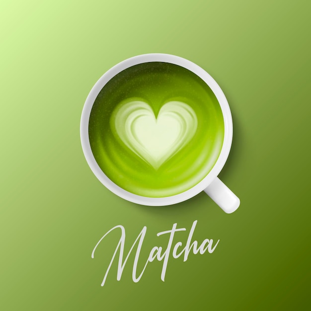 Vecteur 3d Réaliste Céramique Porcelaine Blanche Céramique Tasse À Café Tasse Gros Plan Isolé Sur Fond Vert Mousse De Lait Vert Matcha Coeur Modèle Conception Modèle Vue De Dessus