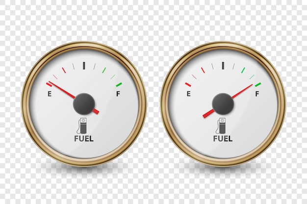 Vecteur 3d réaliste cercle doré gaz jauge de carburant barre de niveau d'huile jeu d'icônes isolé sur fond transparent plein et vide voiture tableau de bord détails indicateur de carburant modèle de conception de capteur de compteur de gaz