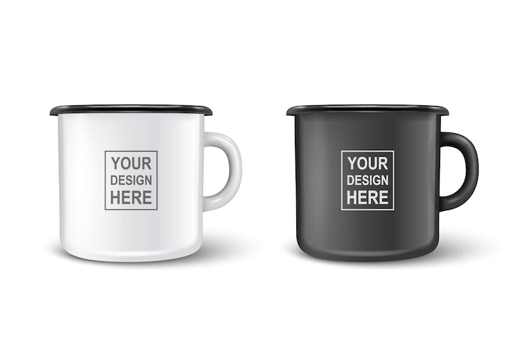 Vecteur vecteur 3d réaliste émail métal blanc blanc et noir mug icon set isolé sur fond blanc vue avant thé tasse à café modèle de conception pour maquette