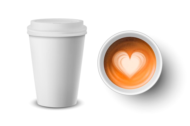 Vecteur 3d Réaliste Papier Plastique Blanc Tasse À Café Jetable Couvercle Lait Café Coeur Motif Ensemble Isolé Capuccino Latte Illustration Vectorielle Modèle De Conception Maquette Haut Vue De Face