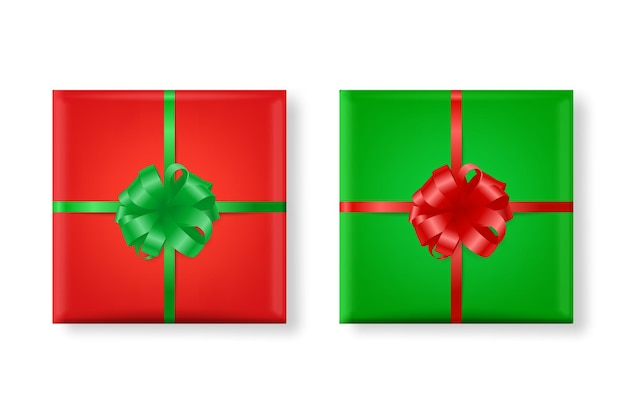 Vecteur 3d Réaliste Papier Vert Et Rouge Boîte De Cadeau De Noël Bow Icon Set Isolé Nouvel An Noël Saint Valentin Ou Anniversaire Concept Design Modèle De Cadeau De Noël Emballage Vue De Dessus