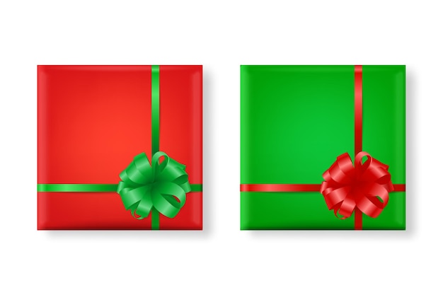 Vecteur vecteur 3d réaliste papier vert et rouge boîte de cadeau de noël bow icon set isolé nouvel an noël saint valentin ou anniversaire concept design modèle de cadeau de noël emballage vue de dessus