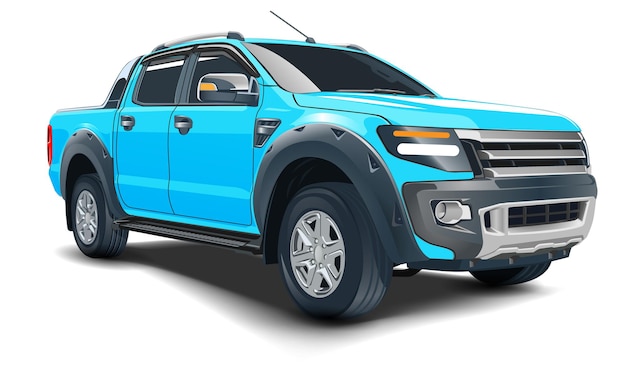 Vecteur 3d Réaliste Pick-up Bleu Quatre Portes Sur Fond Blanc