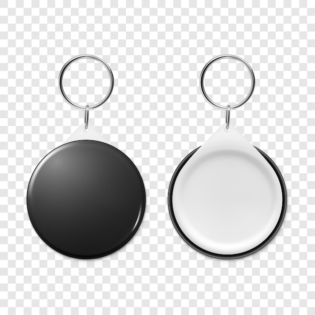 Vecteur vecteur 3d réaliste porte-clés rond noir blanc avec anneau et chaîne pour clé bouton isolé badge avec anneau en plastique métal id badge avec chaînes porte-clés modèle de conception maquette