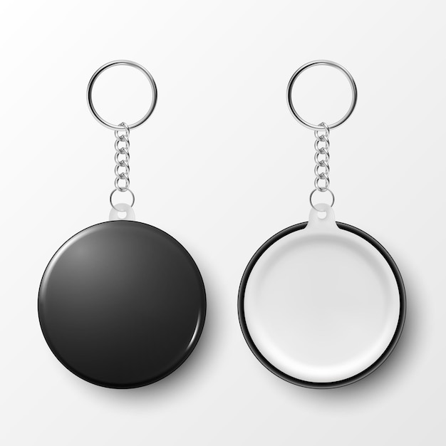 Vecteur 3d réaliste porte-clés rond noir blanc avec anneau et chaîne pour clé isolé sur blanc bouton Badge avec anneau en plastique métal ID Badge avec chaînes porte-clés modèle de conception maquette