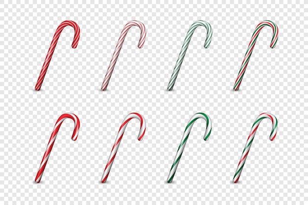 Vecteur 3d réaliste rayé Noël et Nouvel An Candy Cane Icon Set Closeup isolé sur fond transparent Modèle de conception douce de Noël pour carte de voeux Vue de face