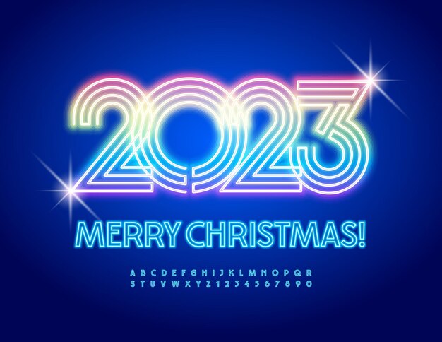 Le vecteur allume la carte de voeux de joyeux Noël 2023 de disco ! Police bleue brillante. Lettres de l'alphabet au néon