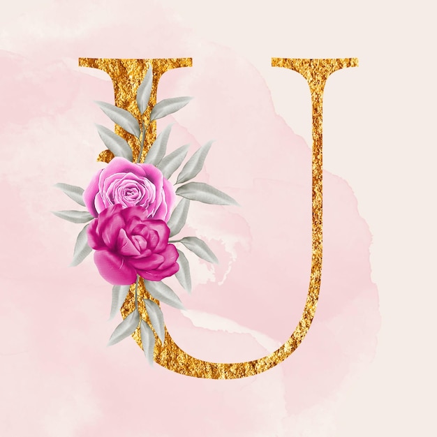 Vecteur vecteur alphabet doré u avec des fleurs d'aquarelle sur fond rose