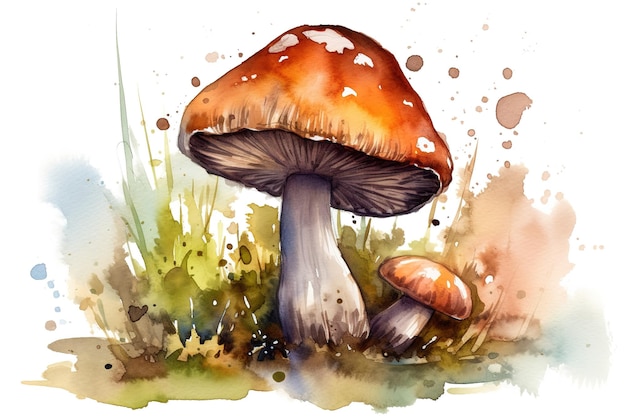 Vecteur Aquarelle Champignons Feuille Herbe Sur Fond Blanc